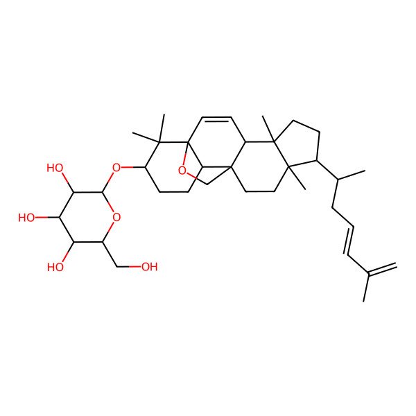 2D Structure of (2R,3S,4R,5R,6R)-2-(hydroxymethyl)-6-[[(1S,4S,5S,8R,9R,13S,16S)-5,9,17,17-tetramethyl-8-[(2R,4E)-6-methylhepta-4,6-dien-2-yl]-18-oxapentacyclo[10.5.2.01,13.04,12.05,9]nonadec-2-en-16-yl]oxy]oxane-3,4,5-triol