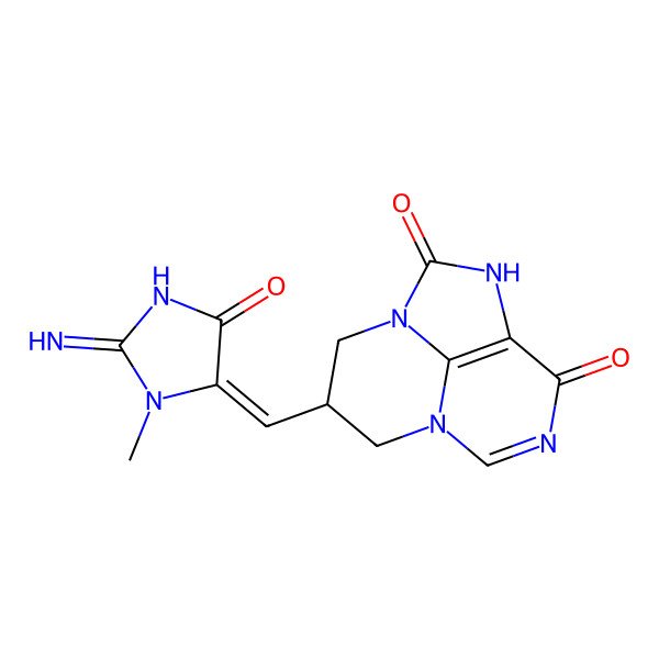 2D Structure of (10R)-10-[(Z)-(2-imino-3-methyl-5-oxoimidazolidin-4-ylidene)methyl]-1,3,6,8-tetrazatricyclo[6.3.1.04,12]dodeca-4(12),6-diene-2,5-dione