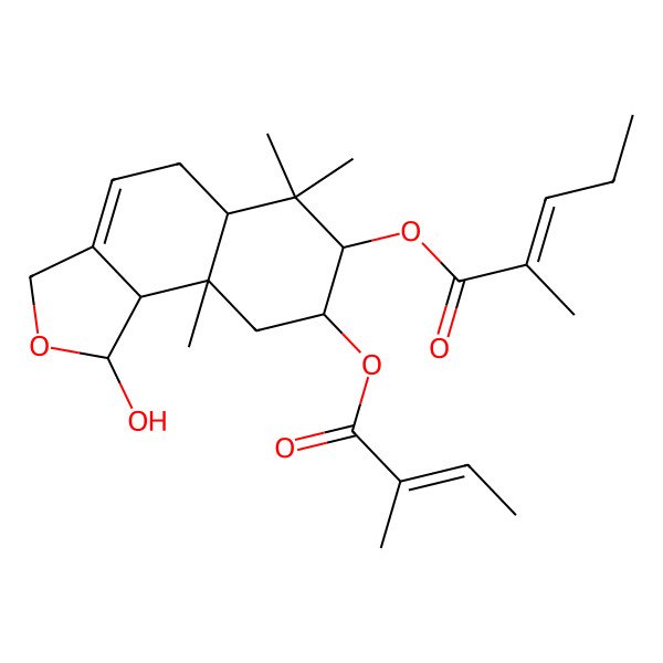 2D Structure of [(1R,5aR,7R,8R,9aS,9bR)-1-hydroxy-6,6,9a-trimethyl-8-[(Z)-2-methylbut-2-enoyl]oxy-1,3,5,5a,7,8,9,9b-octahydrobenzo[e][2]benzofuran-7-yl] (Z)-2-methylpent-2-enoate