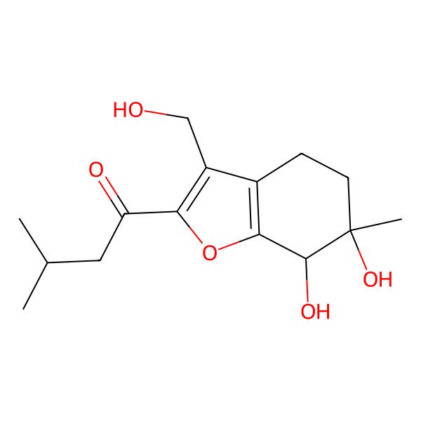 2D Structure of 1-[(6S,7S)-6,7-dihydroxy-3-(hydroxymethyl)-6-methyl-5,7-dihydro-4H-1-benzofuran-2-yl]-3-methylbutan-1-one