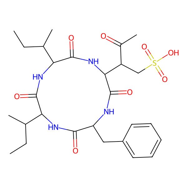 2D Structure of (S)-2-((2S,5S,8S,11S)-5-benzyl-8,11-di-sec-butyl-3,6,9,12-tetraoxo-1,4,7,10-tetraazacyclododecan-2-yl)-3-oxobutane-1-sulfonic acid