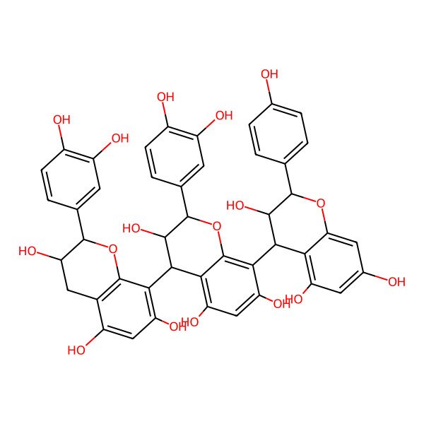 2D Structure of (2R,3R,4S)-2-(3,4-dihydroxyphenyl)-4-[(2R,3S)-2-(3,4-dihydroxyphenyl)-3,5,7-trihydroxy-3,4-dihydro-2H-chromen-8-yl]-8-[(2R,3R,4R)-3,5,7-trihydroxy-2-(4-hydroxyphenyl)-3,4-dihydro-2H-chromen-4-yl]-3,4-dihydro-2H-chromene-3,5,7-triol