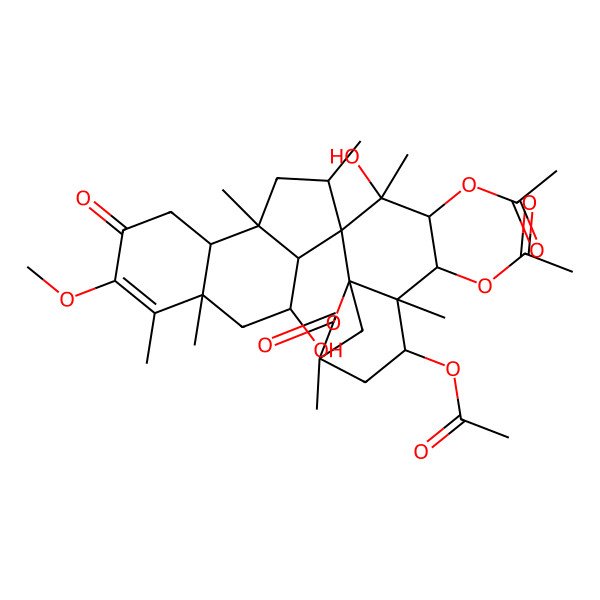 2D Structure of [(1R,2S,2'S,3R,3'aR,4R,4'R,5R,5'aS,6R,7S,9R,9'aS,9'bS)-4,5-diacetyloxy-3,4'-dihydroxy-7'-methoxy-2',3,5'a,6,6',9,9'b-heptamethyl-8',10-dioxospiro[11-oxatricyclo[7.2.1.01,6]dodecane-2,3'-2,3a,4,5,9,9a-hexahydro-1H-cyclopenta[a]naphthalene]-7-yl] acetate