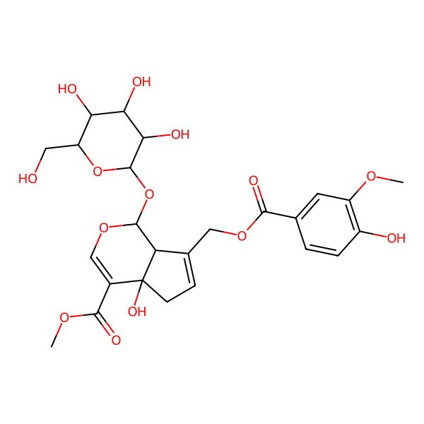 2D Structure of methyl (1S,4aR,7aR)-4a-hydroxy-7-[(4-hydroxy-3-methoxybenzoyl)oxymethyl]-1-[(2S,3R,4S,5S,6R)-3,4,5-trihydroxy-6-(hydroxymethyl)oxan-2-yl]oxy-5,7a-dihydro-1H-cyclopenta[c]pyran-4-carboxylate