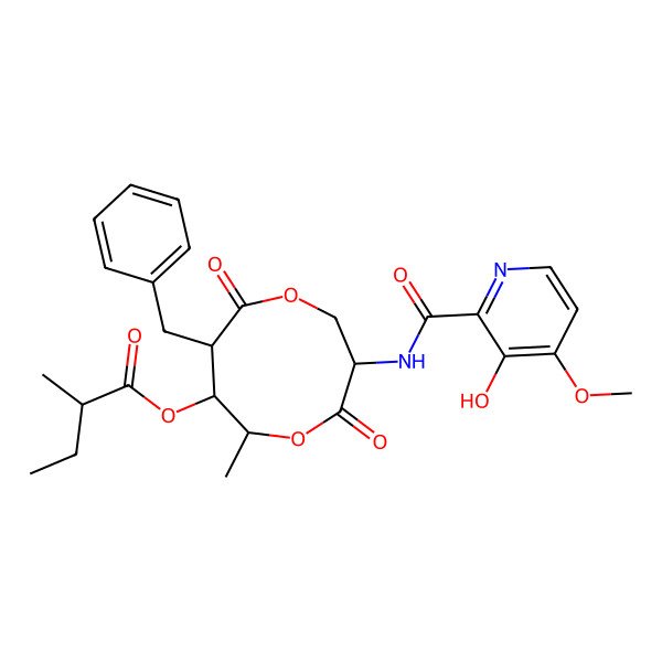 2D Structure of [(3S,6S,7R,8R)-8-benzyl-3-[(3-hydroxy-4-methoxypyridine-2-carbonyl)amino]-6-methyl-4,9-dioxo-1,5-dioxonan-7-yl] (2R)-2-methylbutanoate