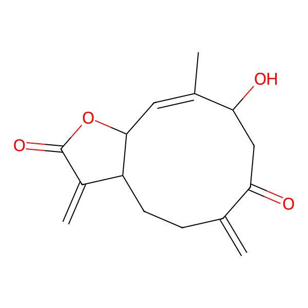 2D Structure of (3aS,9R,10E,11aR)-9-hydroxy-10-methyl-3,6-dimethylidene-3a,4,5,8,9,11a-hexahydrocyclodeca[b]furan-2,7-dione