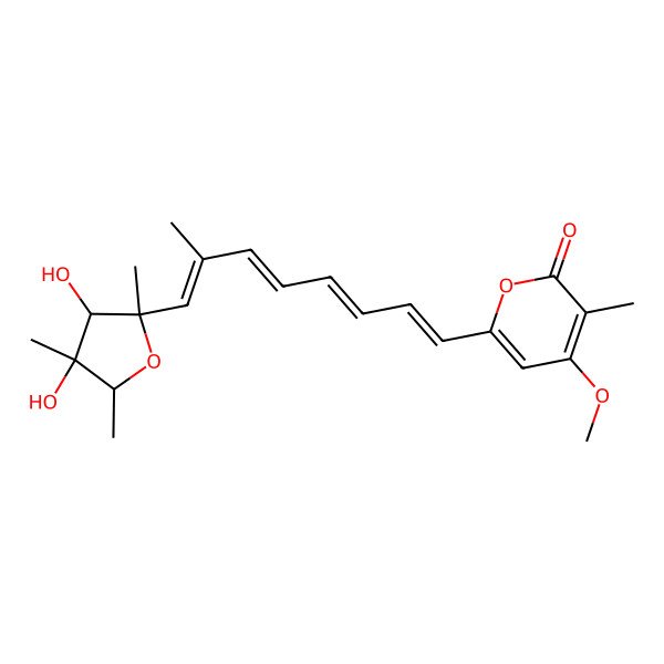 2D Structure of 2H-Pyran-2-one, 4-methoxy-3-methyl-6-[7-methyl-8-(tetrahydro-3,4-dihydroxy-2,4,5-trimethyl-2-furanyl)-1,3,5,7-octatetraenyl]-, [2R-[2alpha(1E,3E,5E,7E),3beta,4alpha,5alpha]]-