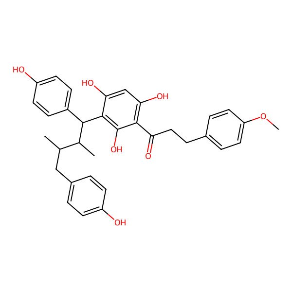 2D Structure of 1-[3-[(1R,2R,3S)-1,4-bis(4-hydroxyphenyl)-2,3-dimethylbutyl]-2,4,6-trihydroxyphenyl]-3-(4-methoxyphenyl)propan-1-one