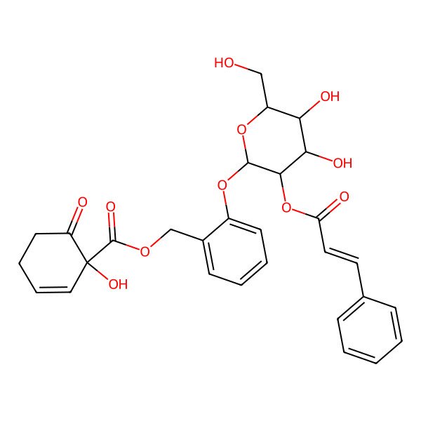 2D Structure of [2-[(2S,3R,4S,5S,6R)-4,5-dihydroxy-6-(hydroxymethyl)-3-[(E)-3-phenylprop-2-enoyl]oxyoxan-2-yl]oxyphenyl]methyl (1R)-1-hydroxy-6-oxocyclohex-2-ene-1-carboxylate
