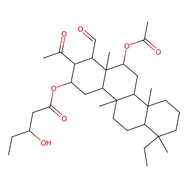 2D Structure of [(1S,2S,3S,4aS,4bR,6aS,7S,10aS,10bR,12S,12aS)-2-acetyl-12-acetyloxy-7-ethyl-1-formyl-4b,7,10a,12a-tetramethyl-1,2,3,4,4a,5,6,6a,8,9,10,10b,11,12-tetradecahydrochrysen-3-yl] (3S)-3-hydroxypentanoate