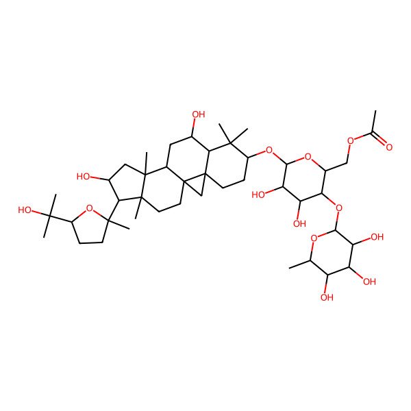2D Structure of [(2R,3S,4S,5R,6R)-6-[[(1S,3R,6S,8R,9S,11S,12S,14S,15R,16R)-9,14-dihydroxy-15-[(2R,5S)-5-(2-hydroxypropan-2-yl)-2-methyloxolan-2-yl]-7,7,12,16-tetramethyl-6-pentacyclo[9.7.0.01,3.03,8.012,16]octadecanyl]oxy]-4,5-dihydroxy-3-[(2S,3R,4R,5R,6S)-3,4,5-trihydroxy-6-methyloxan-2-yl]oxyoxan-2-yl]methyl acetate