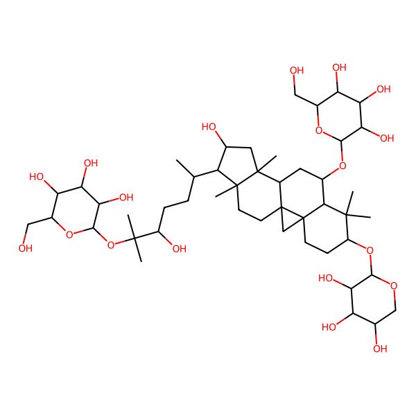 2D Structure of (2R,3R,4S,5S,6R)-2-[[(1S,3R,6S,8R,9S,11S,12S,14S,15R,16R)-14-hydroxy-15-[(2R,5S)-5-hydroxy-6-methyl-6-[(2S,3R,4S,5S,6R)-3,4,5-trihydroxy-6-(hydroxymethyl)oxan-2-yl]oxyheptan-2-yl]-7,7,12,16-tetramethyl-6-[(2S,3R,4S,5R)-3,4,5-trihydroxyoxan-2-yl]oxy-9-pentacyclo[9.7.0.01,3.03,8.012,16]octadecanyl]oxy]-6-(hydroxymethyl)oxane-3,4,5-triol