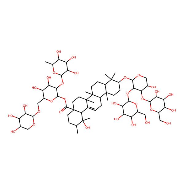 2D Structure of [4,5-Dihydroxy-3-(3,4,5-trihydroxy-6-methyloxan-2-yl)oxy-6-[(3,4,5-trihydroxyoxan-2-yl)oxymethyl]oxan-2-yl] 1-hydroxy-10-[5-hydroxy-3,4-bis[[3,4,5-trihydroxy-6-(hydroxymethyl)oxan-2-yl]oxy]oxan-2-yl]oxy-1,2,6a,6b,9,9,12a-heptamethyl-2,3,4,5,6,6a,7,8,8a,10,11,12,13,14b-tetradecahydropicene-4a-carboxylate