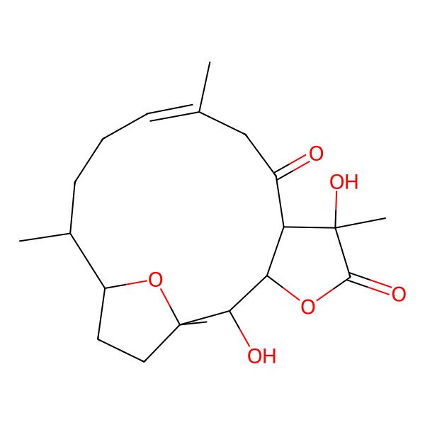 2D Structure of (1S,2R,3S,6S,7S,10E,14S,15S)-2,6-dihydroxy-1,6,10,14-tetramethyl-4,18-dioxatricyclo[13.2.1.03,7]octadec-10-ene-5,8-dione