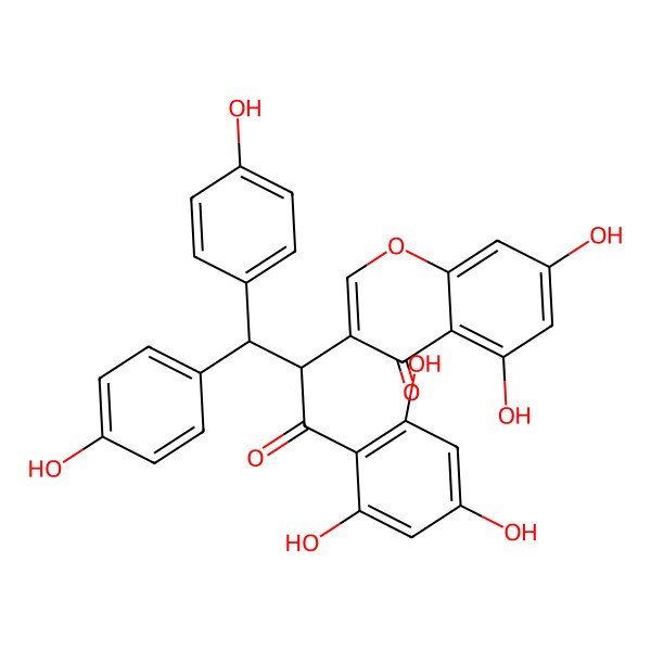 2D Structure of 3-[(2R)-1,1-bis(4-hydroxyphenyl)-3-oxo-3-(2,4,6-trihydroxyphenyl)propan-2-yl]-5,7-dihydroxychromen-4-one