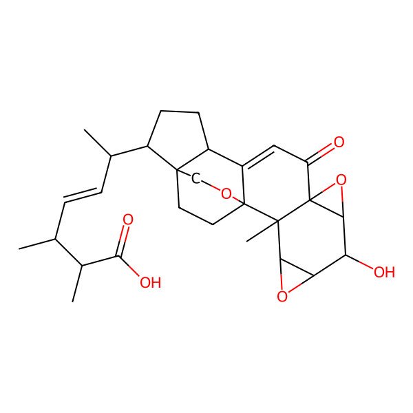 2D Structure of 6-(6-Hydroxy-2-methyl-10-oxo-4,8,19-trioxaheptacyclo[15.2.2.01,12.02,9.03,5.07,9.013,17]henicos-11-en-16-yl)-2,3-dimethylhept-4-enoic acid