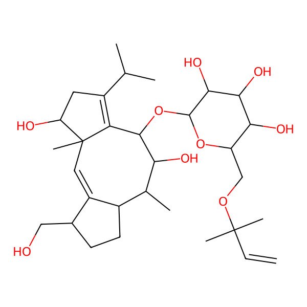 2D Structure of (2S,3R,4S,5S,6R)-2-[[(1E,3R,4S,8R,9R,10R,11S,14S)-4,9-dihydroxy-14-(hydroxymethyl)-3,10-dimethyl-6-propan-2-yl-8-tricyclo[9.3.0.03,7]tetradeca-1,6-dienyl]oxy]-6-(2-methylbut-3-en-2-yloxymethyl)oxane-3,4,5-triol
