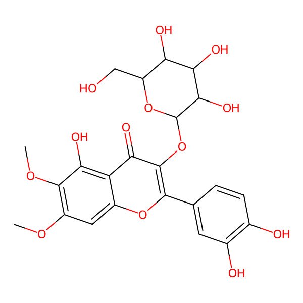 2D Structure of 2-(3,4-dihydroxyphenyl)-5-hydroxy-6,7-dimethoxy-3-[(2S,3R,4S,5R,6R)-3,4,5-trihydroxy-6-(hydroxymethyl)oxan-2-yl]oxychromen-4-one