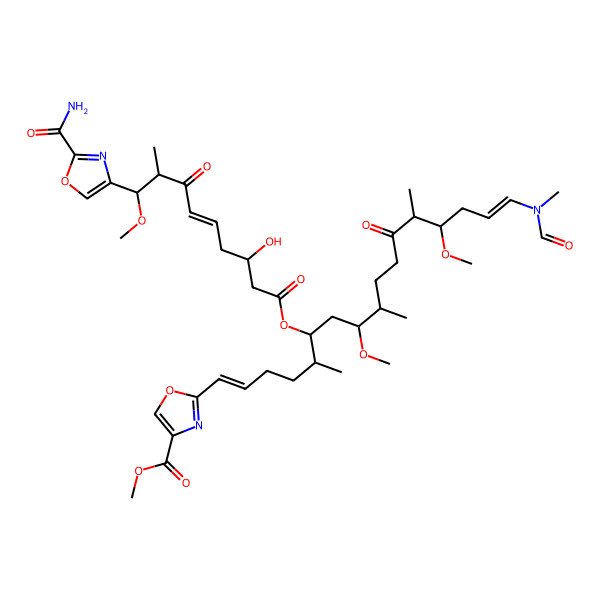 2D Structure of methyl 2-[(1E,5S,6S,8S,9S,13S,14R,16E)-6-[(E,3S,8R,9R)-9-(2-carbamoyl-1,3-oxazol-4-yl)-3-hydroxy-9-methoxy-8-methyl-7-oxonon-5-enoyl]oxy-17-[formyl(methyl)amino]-8,14-dimethoxy-5,9,13-trimethyl-12-oxoheptadeca-1,16-dienyl]-1,3-oxazole-4-carboxylate