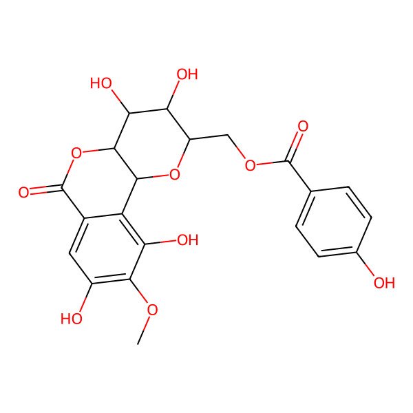 2D Structure of [(2R,3S,4S,4aR,10bS)-3,4,8,10-tetrahydroxy-9-methoxy-6-oxo-3,4,4a,10b-tetrahydro-2H-pyrano[3,2-c]isochromen-2-yl]methyl 4-hydroxybenzoate