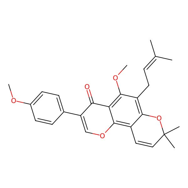 2D Structure of 5-Methoxy-3-(4-methoxyphenyl)-8,8-dimethyl-6-(3-methylbut-2-en-1-yl)-4h,8h-pyrano[2,3-f]chromen-4-one