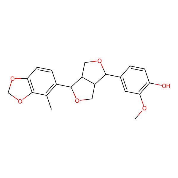 2D Structure of 4-[(3S,3aR,6S,6aR)-6-(4-methyl-1,3-benzodioxol-5-yl)-1,3,3a,4,6,6a-hexahydrofuro[3,4-c]furan-3-yl]-2-methoxyphenol