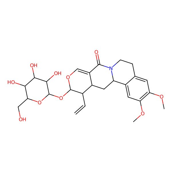 2D Structure of (1S,15S,16S,17S)-16-ethenyl-4,5-dimethoxy-15-[(2S,3R,4S,5S,6R)-3,4,5-trihydroxy-6-(hydroxymethyl)oxan-2-yl]oxy-14-oxa-10-azatetracyclo[8.8.0.02,7.012,17]octadeca-2,4,6,12-tetraen-11-one