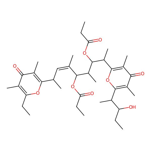 2D Structure of [8-(6-Ethyl-3,5-dimethyl-4-oxopyran-2-yl)-2-[6-(3-hydroxypentan-2-yl)-3,5-dimethyl-4-oxopyran-2-yl]-4,6-dimethyl-5-propanoyloxynon-6-en-3-yl] propanoate