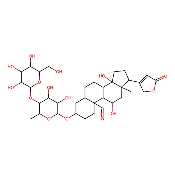 2D Structure of (3S,5R,8R,9S,10R,11R,13R,14S,17R)-3-[(2R,3R,4S,5S,6R)-3,4-dihydroxy-6-methyl-5-[(2R,3R,4R,5S,6R)-3,4,5-trihydroxy-6-(hydroxymethyl)oxan-2-yl]oxyoxan-2-yl]oxy-11,14-dihydroxy-13-methyl-17-(5-oxo-2H-furan-3-yl)-1,2,3,4,5,6,7,8,9,11,12,15,16,17-tetradecahydrocyclopenta[a]phenanthrene-10-carbaldehyde