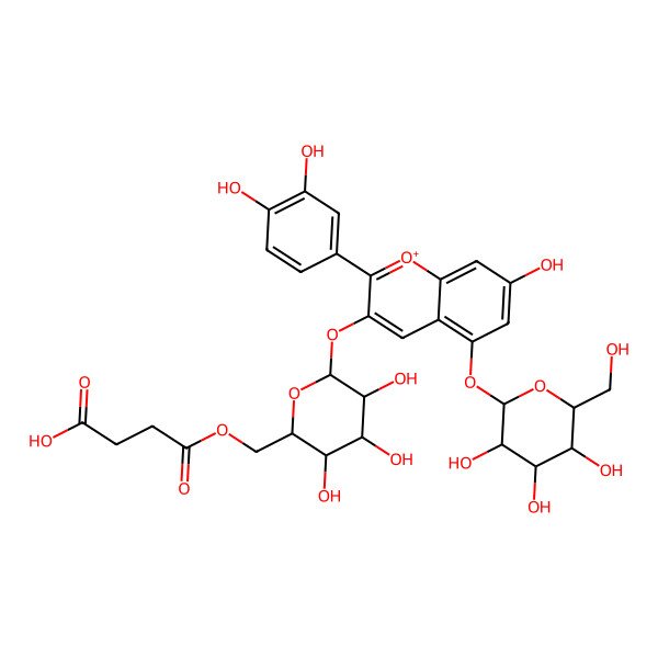 2D Structure of 4-[[(2R,3S,4S,5R,6S)-6-[2-(3,4-dihydroxyphenyl)-7-hydroxy-5-[(2S,3R,4S,5S,6R)-3,4,5-trihydroxy-6-(hydroxymethyl)oxan-2-yl]oxychromenylium-3-yl]oxy-3,4,5-trihydroxyoxan-2-yl]methoxy]-4-oxobutanoic acid
