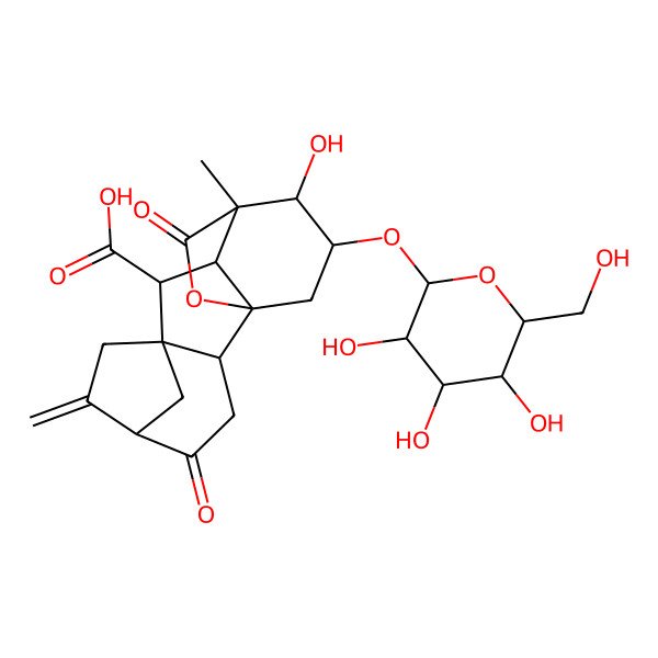 2D Structure of 12-Hydroxy-11-methyl-6-methylidene-4,16-dioxo-13-[3,4,5-trihydroxy-6-(hydroxymethyl)oxan-2-yl]oxy-15-oxapentacyclo[9.3.2.15,8.01,10.02,8]heptadecane-9-carboxylic acid