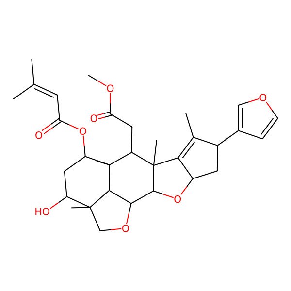2D Structure of [6-(Furan-3-yl)-14-hydroxy-10-(2-methoxy-2-oxoethyl)-7,9,11,15-tetramethyl-3,17-dioxapentacyclo[9.6.1.02,9.04,8.015,18]octadec-7-en-12-yl] 3-methylbut-2-enoate