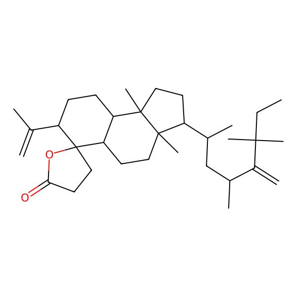 2D Structure of 3a,9b-Dimethyl-7-prop-1-en-2-yl-3-(4,6,6-trimethyl-5-methylideneoctan-2-yl)spiro[1,2,3,4,5,5a,7,8,9,9a-decahydrocyclopenta[a]naphthalene-6,5'-oxolane]-2'-one