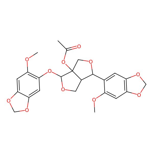 2D Structure of [(3R,3aR,6R,6aS)-6-(6-methoxy-1,3-benzodioxol-5-yl)-3-[(6-methoxy-1,3-benzodioxol-5-yl)oxy]-3,4,6,6a-tetrahydro-1H-furo[3,4-c]furan-3a-yl] acetate