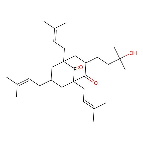 2D Structure of (1S,3R,5R,7R)-3-(3-hydroxy-3-methylbutyl)-1,5,7-tris(3-methylbut-2-enyl)bicyclo[3.3.1]nonane-2,9-dione