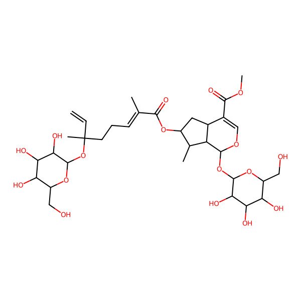 2D Structure of methyl (1S,4aS,6S,7R,7aS)-6-[(2E,6S)-2,6-dimethyl-6-[(2S,3R,4S,5S,6R)-3,4,5-trihydroxy-6-(hydroxymethyl)oxan-2-yl]oxyocta-2,7-dienoyl]oxy-7-methyl-1-[(2S,3R,4S,5S,6R)-3,4,5-trihydroxy-6-(hydroxymethyl)oxan-2-yl]oxy-1,4a,5,6,7,7a-hexahydrocyclopenta[c]pyran-4-carboxylate