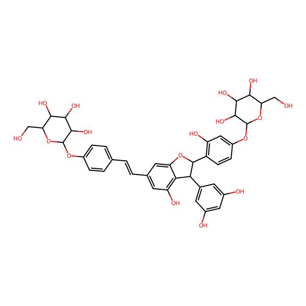 2D Structure of (2S,3R,4S,5S,6R)-2-[4-[(E)-2-[(2S,3S)-3-(3,5-dihydroxyphenyl)-4-hydroxy-2-[2-hydroxy-4-[(2S,3R,4S,5S,6R)-3,4,5-trihydroxy-6-(hydroxymethyl)oxan-2-yl]oxyphenyl]-2,3-dihydro-1-benzofuran-6-yl]ethenyl]phenoxy]-6-(hydroxymethyl)oxane-3,4,5-triol