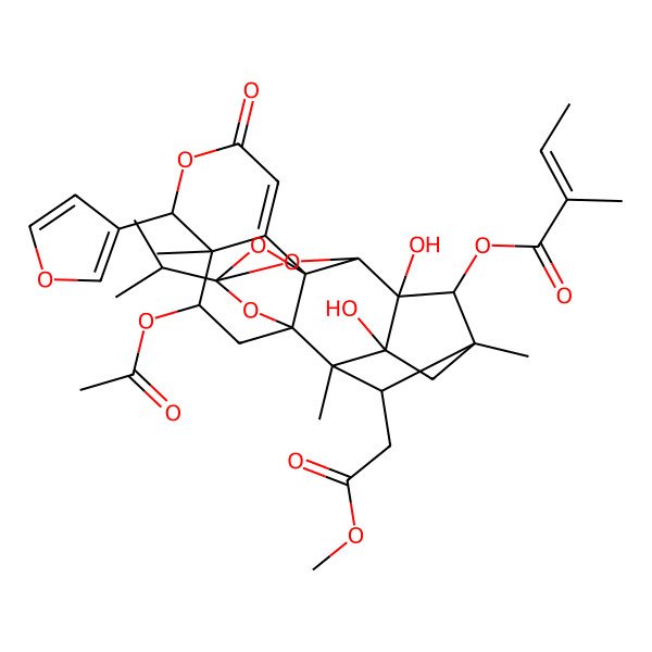 2D Structure of [(1S,3S,4S,5S,10R,12S,14R,15S,16R,18R,19S,20R,22S)-3-acetyloxy-5-(furan-3-yl)-15,16-dihydroxy-19-(2-methoxy-2-oxoethyl)-4,18,20-trimethyl-7-oxo-12-propan-2-yl-6,11,13,21-tetraoxaheptacyclo[10.8.1.115,18.01,10.04,9.010,14.016,20]docos-8-en-22-yl] (E)-2-methylbut-2-enoate