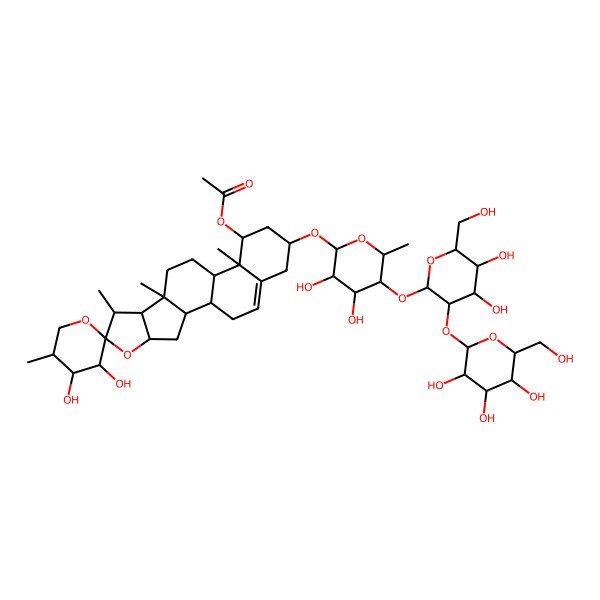 2D Structure of [(1S,2S,3'S,4S,4'R,5'R,6S,7S,8R,9S,12S,13R,14R,16R)-16-[(2R,3R,4S,5R,6R)-5-[(2S,3R,4S,5S,6R)-4,5-dihydroxy-6-(hydroxymethyl)-3-[(2S,3R,4S,5S,6R)-3,4,5-trihydroxy-6-(hydroxymethyl)oxan-2-yl]oxyoxan-2-yl]oxy-3,4-dihydroxy-6-methyloxan-2-yl]oxy-3',4'-dihydroxy-5',7,9,13-tetramethylspiro[5-oxapentacyclo[10.8.0.02,9.04,8.013,18]icos-18-ene-6,2'-oxane]-14-yl] acetate