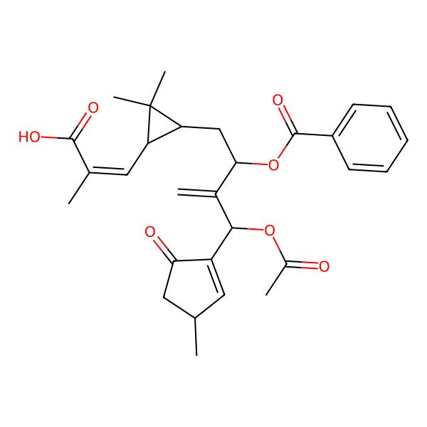 2D Structure of (E)-3-[(1S,3R)-3-[(2S)-3-[(R)-acetyloxy-[(3R)-3-methyl-5-oxocyclopenten-1-yl]methyl]-2-benzoyloxybut-3-enyl]-2,2-dimethylcyclopropyl]-2-methylprop-2-enoic acid