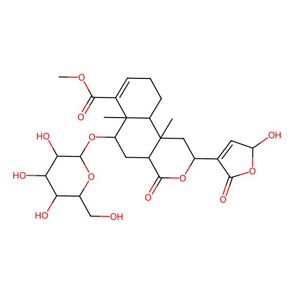 2D Structure of methyl (2S,4aR,6R,6aR,10aS,10bS)-2-(2-hydroxy-5-oxo-2H-furan-4-yl)-6a,10b-dimethyl-4-oxo-6-[(2R,3R,4S,5S,6R)-3,4,5-trihydroxy-6-(hydroxymethyl)oxan-2-yl]oxy-1,2,4a,5,6,9,10,10a-octahydrobenzo[f]isochromene-7-carboxylate