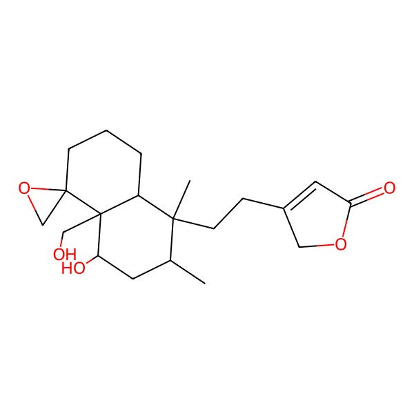 2D Structure of 3-[2-[(1S,2R,4S,4aR,5R,8aR)-4-hydroxy-4a-(hydroxymethyl)-1,2-dimethylspiro[3,4,6,7,8,8a-hexahydro-2H-naphthalene-5,2'-oxirane]-1-yl]ethyl]-2H-furan-5-one