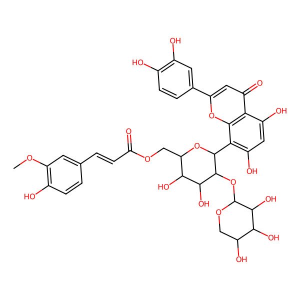 2D Structure of [(2S,3S,4R,5S,6S)-6-[2-(3,4-dihydroxyphenyl)-5,7-dihydroxy-4-oxochromen-8-yl]-3,4-dihydroxy-5-[(2R,3R,4R,5R)-3,4,5-trihydroxyoxan-2-yl]oxyoxan-2-yl]methyl (E)-3-(4-hydroxy-3-methoxyphenyl)prop-2-enoate