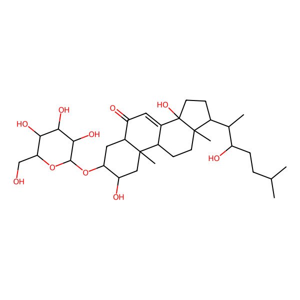 2D Structure of 2,14-dihydroxy-17-(3-hydroxy-6-methylheptan-2-yl)-10,13-dimethyl-3-[3,4,5-trihydroxy-6-(hydroxymethyl)oxan-2-yl]oxy-2,3,4,5,9,11,12,15,16,17-decahydro-1H-cyclopenta[a]phenanthren-6-one