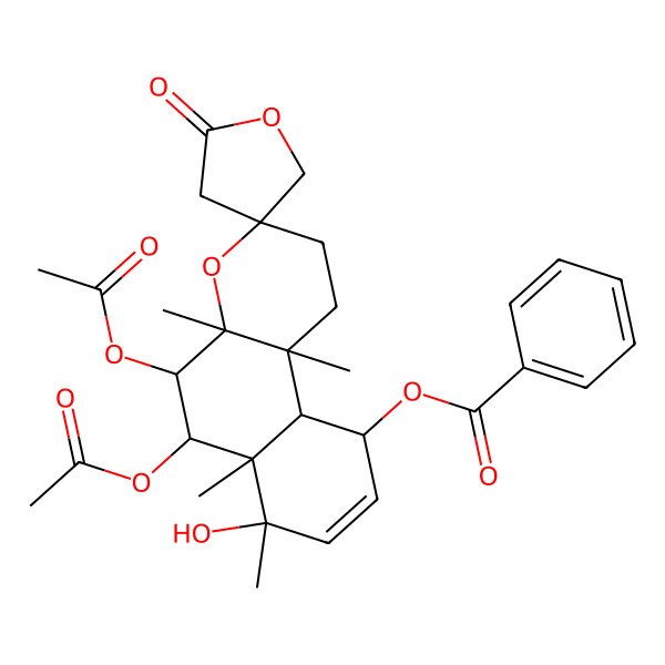2D Structure of [(3S,4aR,5S,6R,6aS,7S,10R,10aR,10bR)-5,6-diacetyloxy-7-hydroxy-4a,6a,7,10b-tetramethyl-2'-oxospiro[1,2,5,6,10,10a-hexahydrobenzo[f]chromene-3,4'-oxolane]-10-yl] benzoate