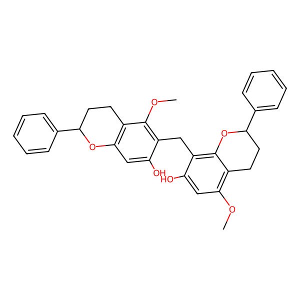 2D Structure of (2S)-6-[[(2S)-7-hydroxy-5-methoxy-2-phenyl-3,4-dihydro-2H-chromen-8-yl]methyl]-5-methoxy-2-phenyl-3,4-dihydro-2H-chromen-7-ol
