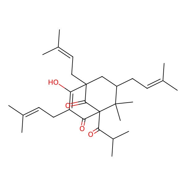 2D Structure of (1R,5R,7S)-4-hydroxy-8,8-dimethyl-3,5,7-tris(3-methylbut-2-enyl)-1-(2-methylpropanoyl)bicyclo[3.3.1]non-3-ene-2,9-dione