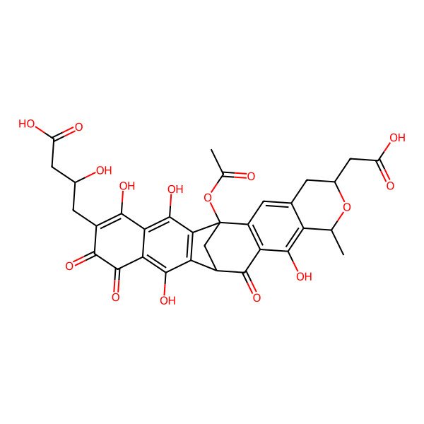 2D Structure of (3R)-4-[(1S,6R,8S,13R)-1-acetyloxy-6-(carboxymethyl)-10,15,20,22-tetrahydroxy-8-methyl-12,17,18-trioxo-7-oxahexacyclo[11.10.1.02,11.04,9.014,23.016,21]tetracosa-2(11),3,9,14(23),15,19,21-heptaen-19-yl]-3-hydroxybutanoic acid