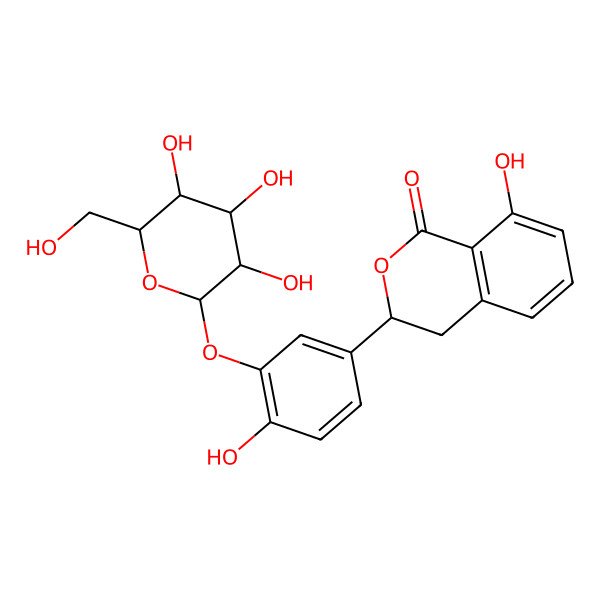 2D Structure of (3R)-8-hydroxy-3-[4-hydroxy-3-[(2S,3R,4S,5S,6R)-3,4,5-trihydroxy-6-(hydroxymethyl)oxan-2-yl]oxyphenyl]-3,4-dihydroisochromen-1-one