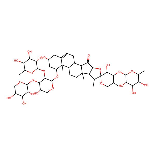 2D Structure of (1R,2S,3'S,4R,4'S,5'S,6S,7S,8R,9R,12S,13R,14R,16R)-3',16-dihydroxy-14-[(2S,3R,4S,5S)-5-hydroxy-3-[(2S,3R,4R,5R,6S)-3,4,5-trihydroxy-6-methyloxan-2-yl]oxy-4-[(2S,3R,4S,5R)-3,4,5-trihydroxyoxan-2-yl]oxyoxan-2-yl]oxy-5',7,9,13-tetramethyl-4'-[(2S,3R,4R,5R,6R)-3,4,5-trihydroxy-6-methyloxan-2-yl]oxyspiro[5-oxapentacyclo[10.8.0.02,9.04,8.013,18]icos-18-ene-6,2'-oxane]-3-one
